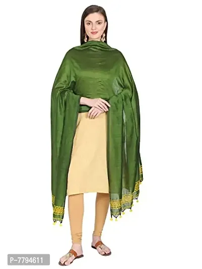 Amazon Brand - Anarva Women's Cotton Handloom Hand Woven Solid Self Design Dupatta with Slub Work (Bark Green, 2.5 Meters)-thumb2