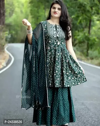 Anarkali Green Printed Rayon Kurta Pant Dupatta For Women-thumb0
