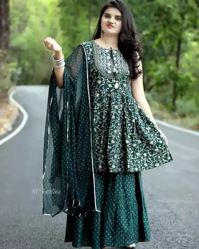 Anarkali Green Printed Rayon Kurta Pant Dupatta For Women