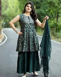 Anarkali Green Printed Rayon Kurta Pant Dupatta For Women-thumb1