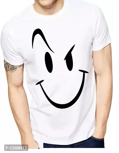 Designer White Smile Face Printed Men Tshirts-thumb0