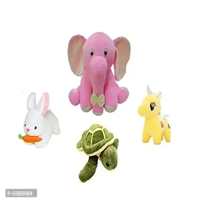 Soft Toys Combo of Yellow Unicorn Elephant Turtle & White Rabbit with Carrot Spongy Fluffy Animal Toys for Kids & Children (Pack of 4
