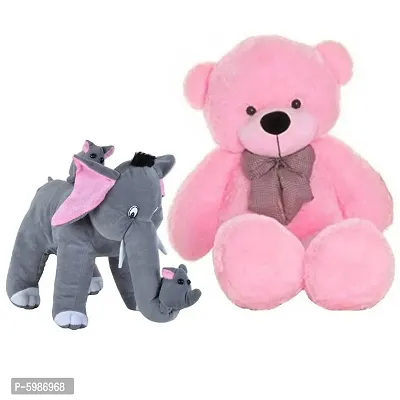 3 FEET Soft Pink HUGABLE Teddy Bear with Cute Mother Elephant and HER Baby Elephants Combo Offer (90 cm)-thumb0