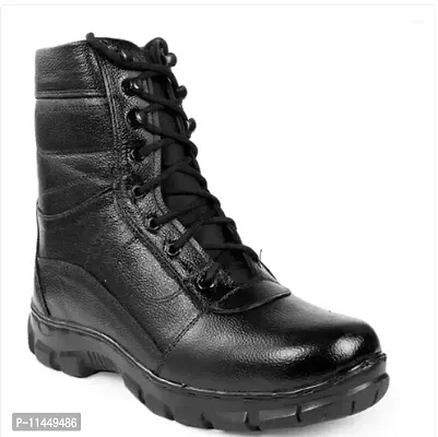 Stylish Black Leather Self Design Boots For Men