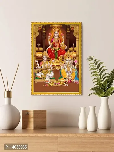 999STORE Lakshmi With Ganesha And Saraswati Photo Painting With Photo Frame For Mandir / Temple Lakshmi With Ganesha And Saraswati Photo Frame (MDF  Fiber_12X8 Inches) God0153