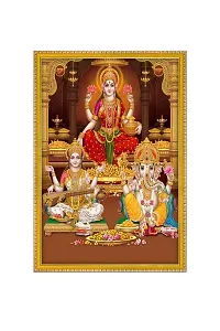 999STORE Lakshmi With Ganesha And Saraswati Photo Painting With Photo Frame For Mandir / Temple Lakshmi With Ganesha And Saraswati Photo Frame (MDF  Fiber_12X8 Inches) God0153-thumb1