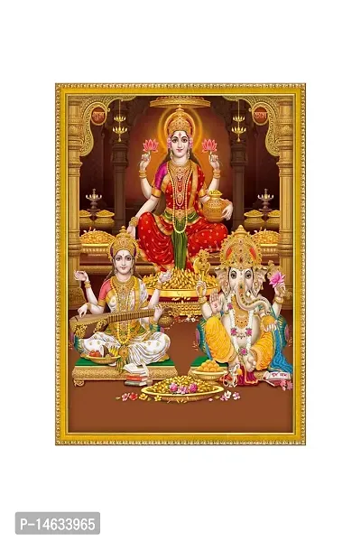 999STORE Lakshmi With Ganesha And Saraswati Photo Painting With Photo Frame For Mandir / Temple Lakshmi With Ganesha And Saraswati Photo Frame (MDF  Fiber_12X8 Inches) God0153-thumb2