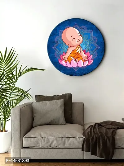 999STORE Little Laughing Buddha Seating On Lotus Round Shape Wall Painting (MDF_11X11 Inch_Multi) RPainting008
