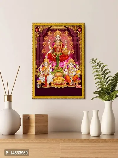 999STORE Lakshmi Showering Money With Ganesha And Saraswati Photo Painting With Photo Frame For Mandir/Temple Lakshmi,Ganesha And Saraswati Photo Frame (MDF  Fiber_12X8 Inches) God0148