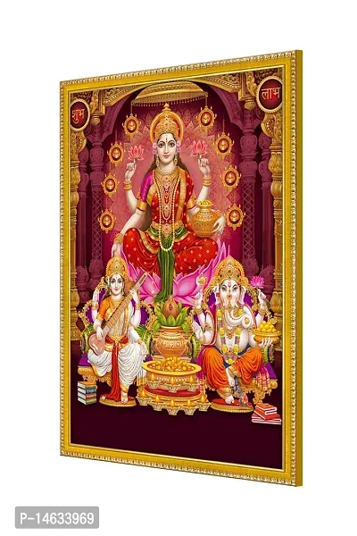 999STORE Lakshmi Showering Money With Ganesha And Saraswati Photo Painting With Photo Frame For Mandir/Temple Lakshmi,Ganesha And Saraswati Photo Frame (MDF  Fiber_12X8 Inches) God0148-thumb3