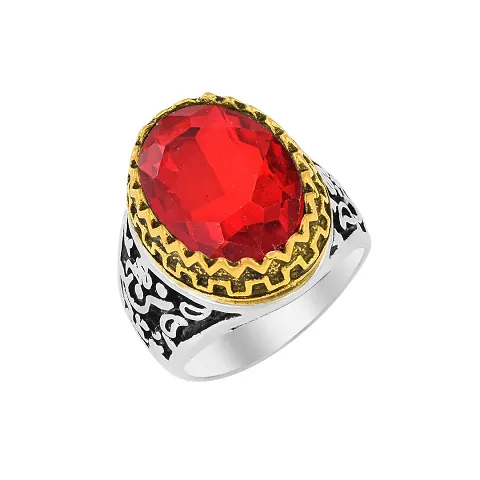 Morir Stainless Finish Dual Tone Oval Shape Onyx Stone Handcrafted Fashion Jewelry Finger Ring For Men Boys (Red)