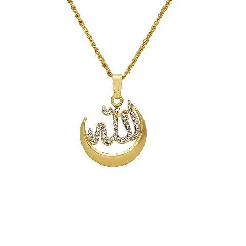 Morir Plated CZ Studded Half Moon Allah Arabic Islamic Pendant Necklace Muslim Jewelry for Men and Women