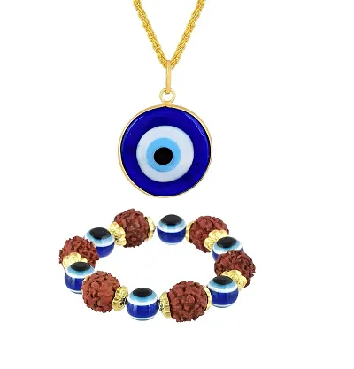 morir 2 Pieces Evil Eye Glass Pendant Chain Necklace Evil Eye with Rudraksha Bracelet Set For Men Women Family Friends