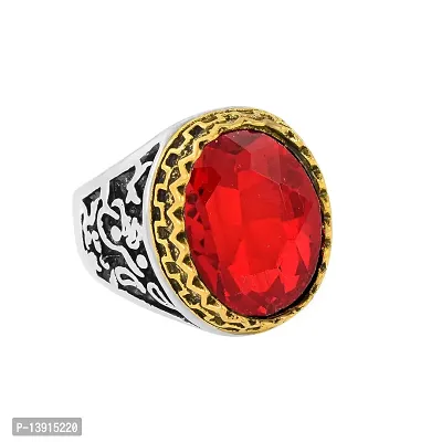 Morir Stainless Steel Antique Finish Dual Tone Oval Shape Onyx Stone Handcrafted Fashion Jewelry Finger Ring For Men Boys (Red)-thumb2