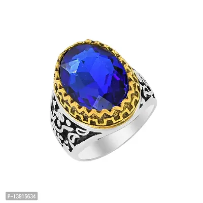 Morir Stainless Steel Antique Finish Dual Tone Oval Shape Onyx Stone Handcrafted Fashion Jewelry Finger Ring For Men Boys (Blue)