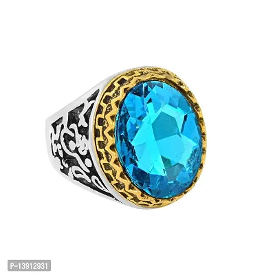 Morir Stainless Steel Antique Finish Dual Tone Oval Shape Onyx Stone Handcrafted Fashion Jewelry Finger Ring For Men Boys (Turquoise)-thumb2