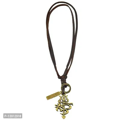 Morir Religious Jewelry Antique Bronze Brass Shiva Symbols Om Chand Trishul Fashionable Adjustable Leather Cord Necklace Pendant for Men and Women-thumb3