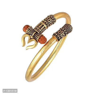 Morir Made of Brass Gold Plated Rudraksha Trishul Damroo Bahubali Kada Bracelet Wrist Band Jewelry for Unisex-thumb0