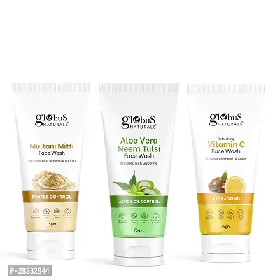 Globus Naturals Face Wash Combo - Set of 3, Vitamin C , Multani Mitti   Aloe Vera Neem Tulsi Face Wash -  225 gm Each