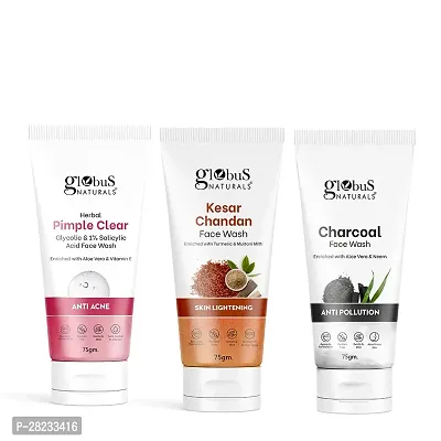 Naturals Face Wash Combo - Set of 3, Glycolic  1% Salicylic Acid, Charcoal  Kesar Chandan Face Wash -  225 gm each