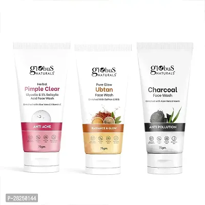 Naturals Face Wash Combo - Set of 3  Glycolic  1% Salicylic Acid Face wash, Charcoal Face Wash  Ubtan Face Wash - 225 gm Each