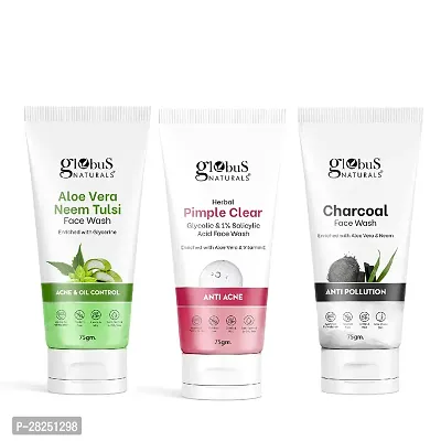 Naturals Face Wash Combo - Set of 3, Glycolic  1% Salicylic Acid , Charcoal, Aloe Vera Neem Tulsi Face Wash - 225 gm Each