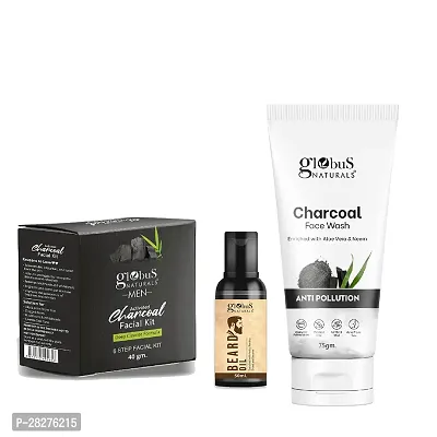 Globus Naturals Charcoal Face Wash, Charcoal Men Facial Kit  Beard Oil Set of 3, For Men, 165 gm