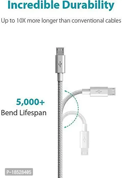 Nirsha Nylon Braided Unbreakable 5V/3A Fast Charging Data and Sync Cable Extra Tough Quick Charge Oppo R11/ Oppo A77 (Mediatek)/ Oppo A39/ Oppo F3/ Oppo F3 Plus/Oppo A57, Oppo  Smartphone (Silver)-thumb3