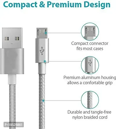 Nirsha Nylon Braided Unbreakable 5V/3A Fast Charging Data and Sync Cable Extra Tough Quick Charge for vivo X9s Plus/vivo X9s/ vivo V5s/ vivo Y25/ vivo Y55s/ vivo V5 Plus, All Smart Phone (Silver)-thumb3