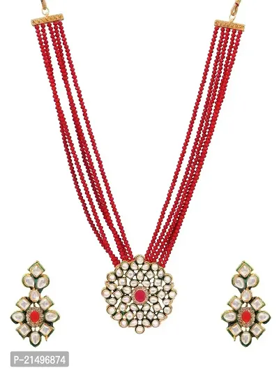 EEEZEEE Red Multi Layers Beaded Crystal Pendal Jewellery Set For Women and Girls