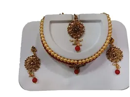 EEEZEEE Kundan Indian Bridal Wedding Designer Gold Plated Pearls Choker Necklace Jewelry Set (Red)-thumb1