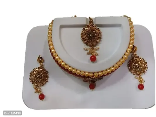 EEEZEEE Kundan Indian Bridal Wedding Designer Gold Plated Pearls Choker Necklace Jewelry Set (Red)-thumb2