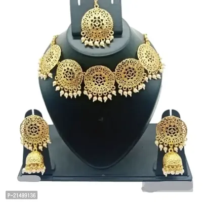 Alliance Fancy Gold Palted Coin Style Necklace Cream Pearl Drop With Earring And Mangtika Jewellery Set