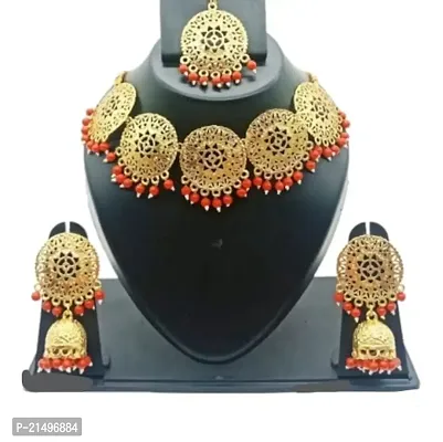 Alliance Fancy Gold Palted Coin Style Necklace Red Pearl Drop With Earring And Mangtika Jewellery Set-thumb0