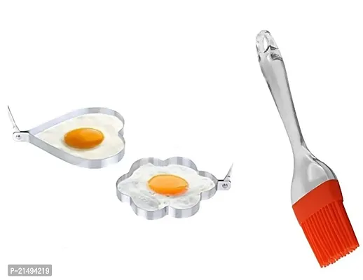 EEEZEEE 1 Set 2 Pcs Stainless Steel Fried Egg, Pancake Mould 8 * 8 * 2 cm+ 1 Silicone Cooking Brush for Kitchen, Cooking, Oil Brush 18cm Multi Color-thumb0