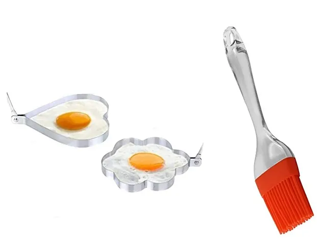 EEEZEEE 1 Set 2 Pcs Stainless Steel Fried Egg, Pancake Mould 8 * 8 * 2 cm+ 1 Silicone Cooking Brush for Kitchen, Cooking, Oil Brush 18cm Multi Color