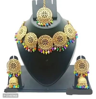 Alliance Fancy Gold Palted Coin Style Necklace Multicolor Pearl Drop With Earring And Mangtika Jewellery Set-thumb0