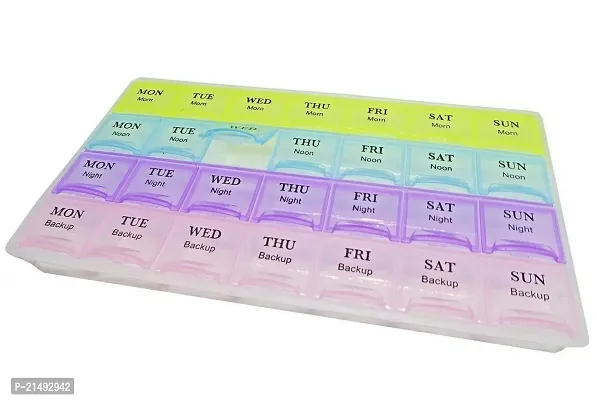 EEEZEEE 28 Grids Pill Medicine Box with Tray 7 Day Pill Storage Box with Tray, Medication Organiser Planner - 7 Days, 3 Times a Day Multicolor 22 * 12 * 2 cm-thumb0