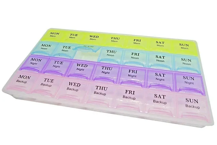 EEEZEEE 28 Grids Pill Medicine Box with Tray 7 Day Pill Storage Box with Tray, Medication Organiser Planner - 7 Days, 3 Times a Day Multicolor 22 * 12 * 2 cm
