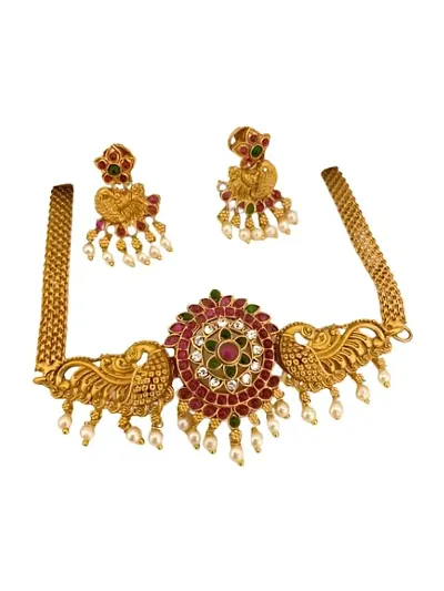 Alliance Fancy Gold Mate Polish Round Choker With Earrings Jewellery Set| For Wedding and Engagement| For Women and Girls|