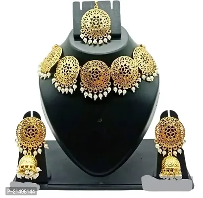 Alliance Fancy Gold Palted Coin Style Necklace White Pearl Drop With Earring And Mangtika Jewellery Set