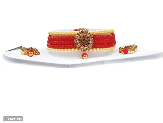 EEEZEEE Kundan Indian Bridal Wedding Designer Gold Plated Pearls Choker Necklace Jewelry Set (Red)-thumb0