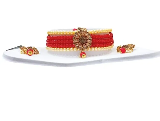 EEEZEEE Kundan Indian Bridal Wedding Designer Gold Plated Pearls Choker Necklace Jewelry Set (Red)
