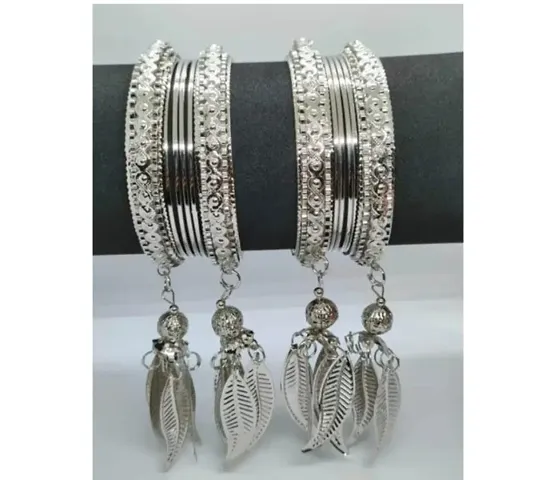 Alliance Fancy Rodium Leaf Style Jumka Bangles Set (M)