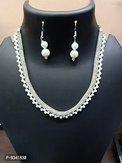 Alliance Fancy Sliver Plated AD Nekclace With White Pearl Drop Set