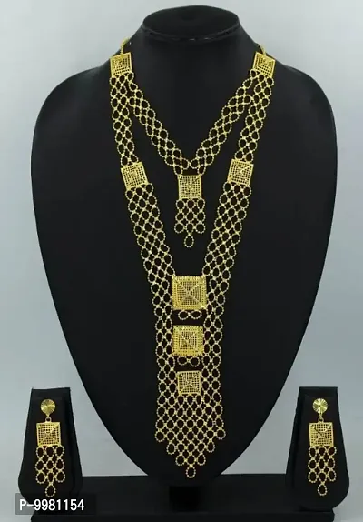 Alliance Sylish Gold Plated Chain Linked Square Style Long Necklace With Earrings Jewellery Set