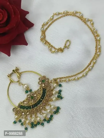 Alliance Fancy Green Crystal With White Moti 2Line Bridal Nosepin-thumb0