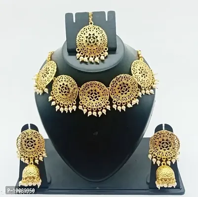 Alliance Fancy Gold Plated Coin Style Necklace Cream Pearl Drop With Earring And Mangtika Jewellery Set