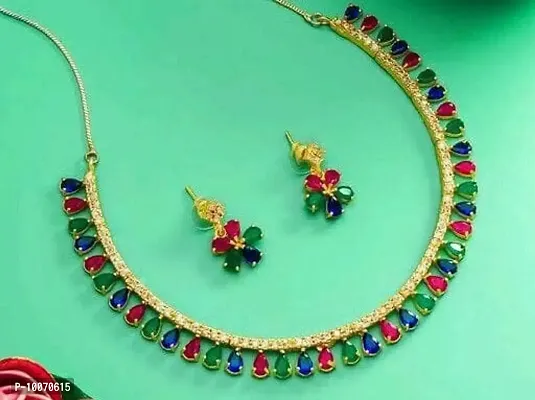 Alliance Elegant Multicolor AD Stone Necklace With Earrings Jewellery Set-thumb0