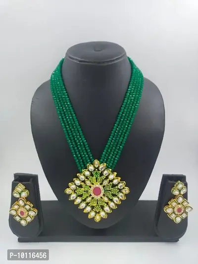 Green Alloy Beaded Long Necklace Set